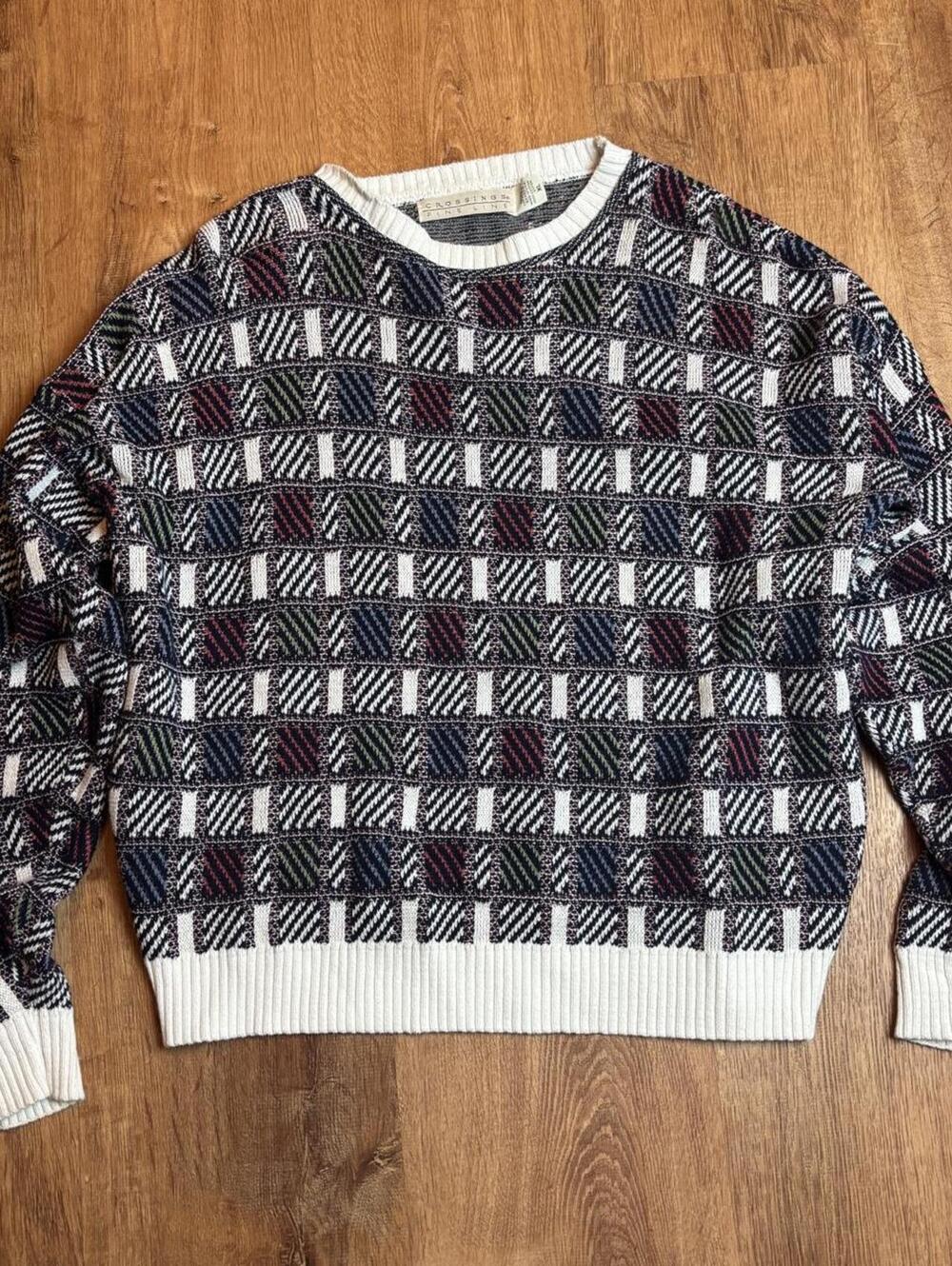 80s geometric patchwork knit sweater crossings fine line sz xl cotton grandpa
